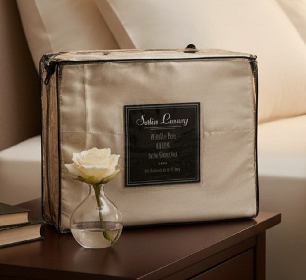 Keeco Queen Satin Sheet Set Wrinkle Free Tan Ivory Silky Soft Bedding New